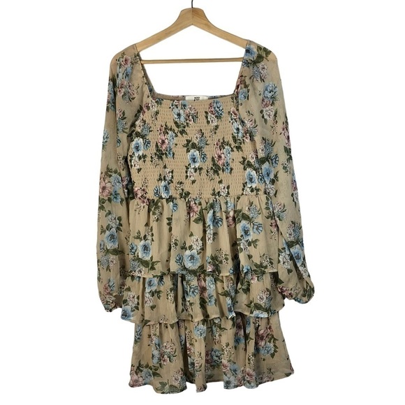 Madden NYC Beige & Blue Floral Long Sleeve Tiered Mini Dress XXL - Picture 2 of 5
